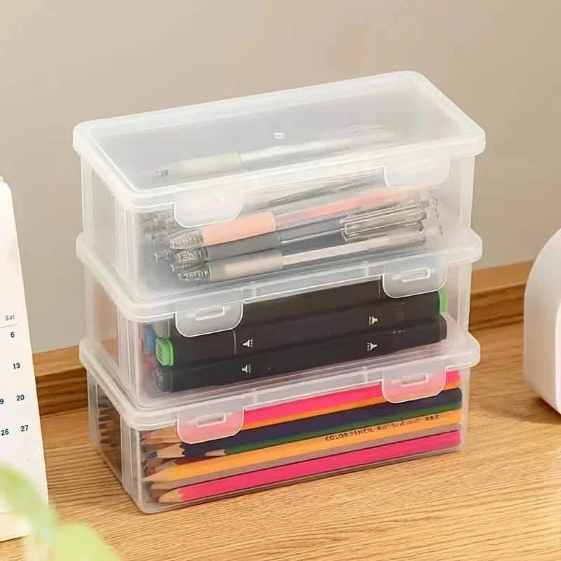 Lot de 2 : Grande boîte à crayons en plastique empilable et transparente
