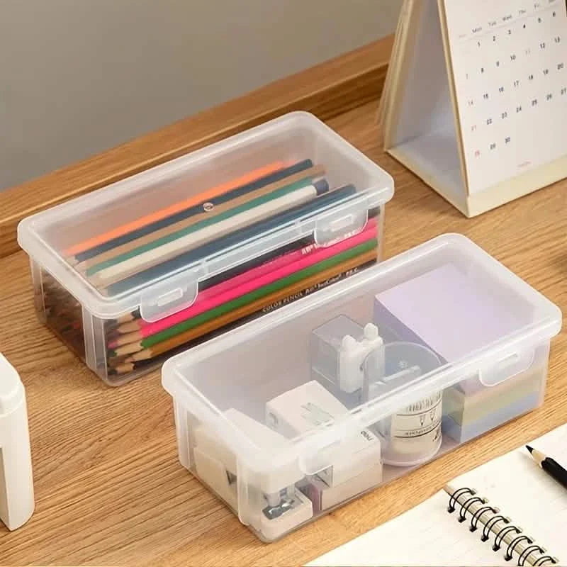 Lot de 2 : Grande boîte à crayons en plastique empilable et transparente