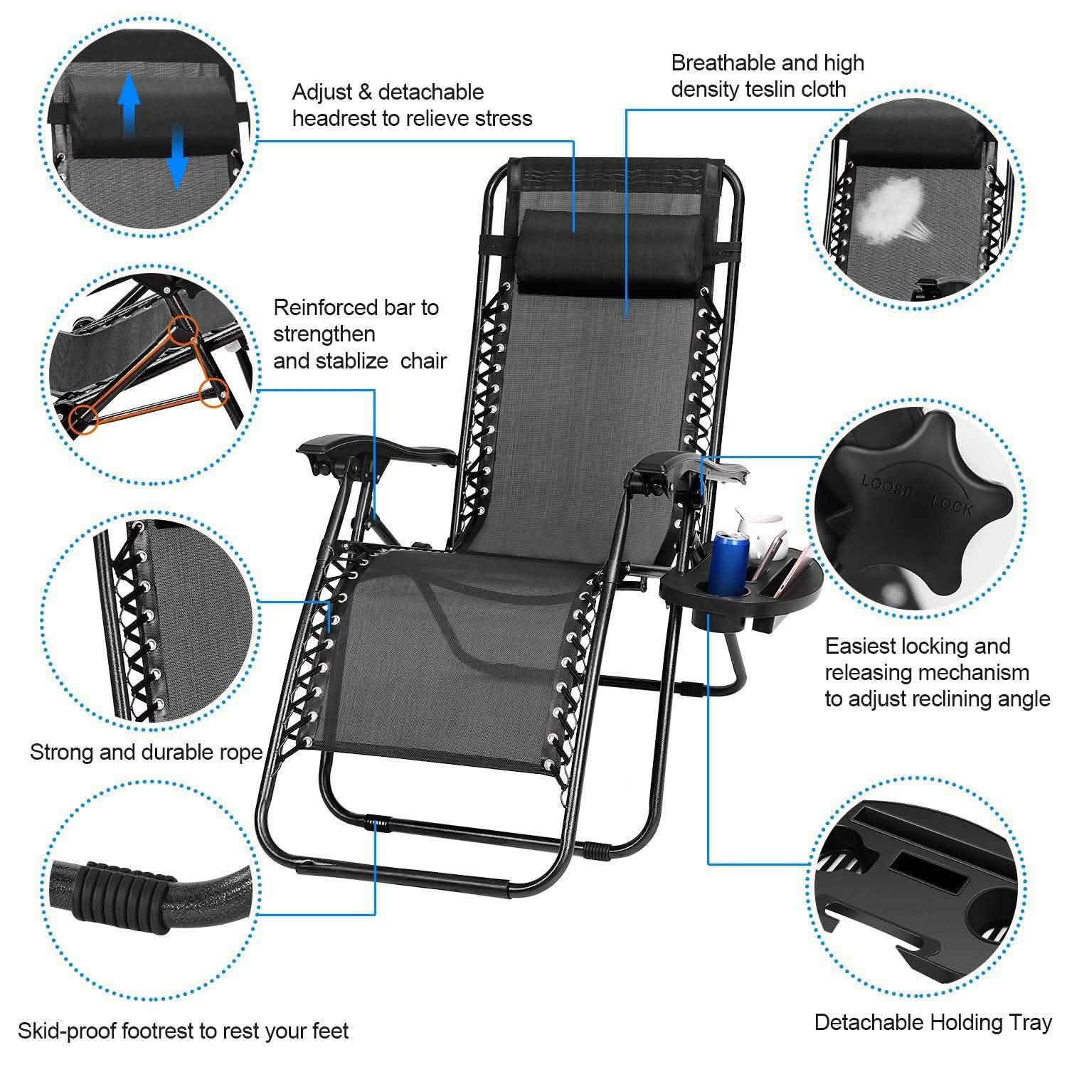 2-Pack: Foldable Zero Gravity Lounge Chair with Dual Side Tray