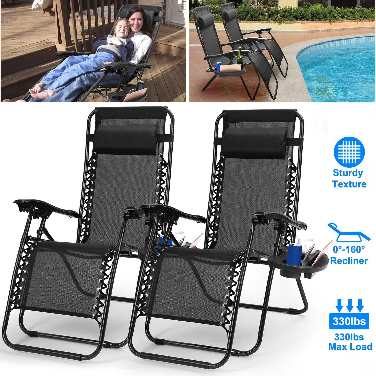2-Pack: Foldable Zero Gravity Lounge Chair with Dual Side Tray
