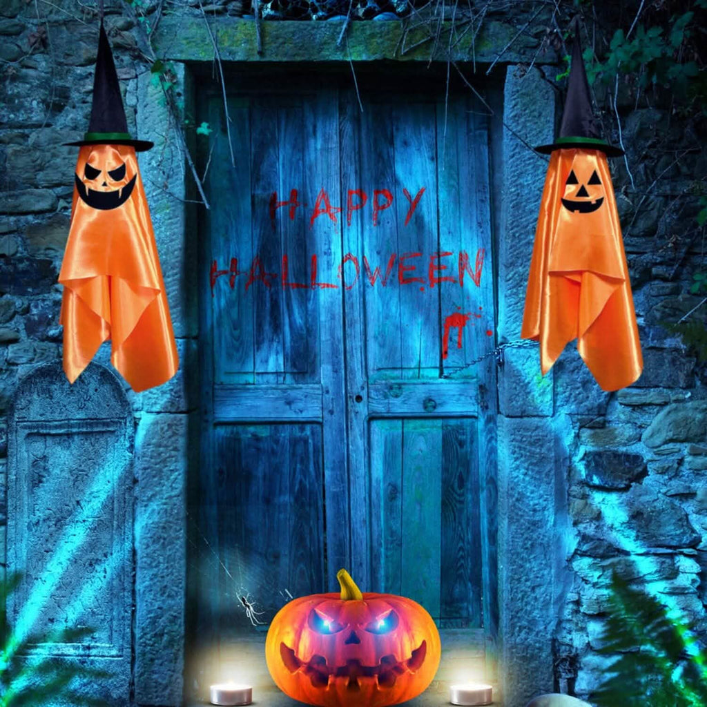 2-Pack: Hanging Ghosts with Wizard Hat Snicker Scary Face