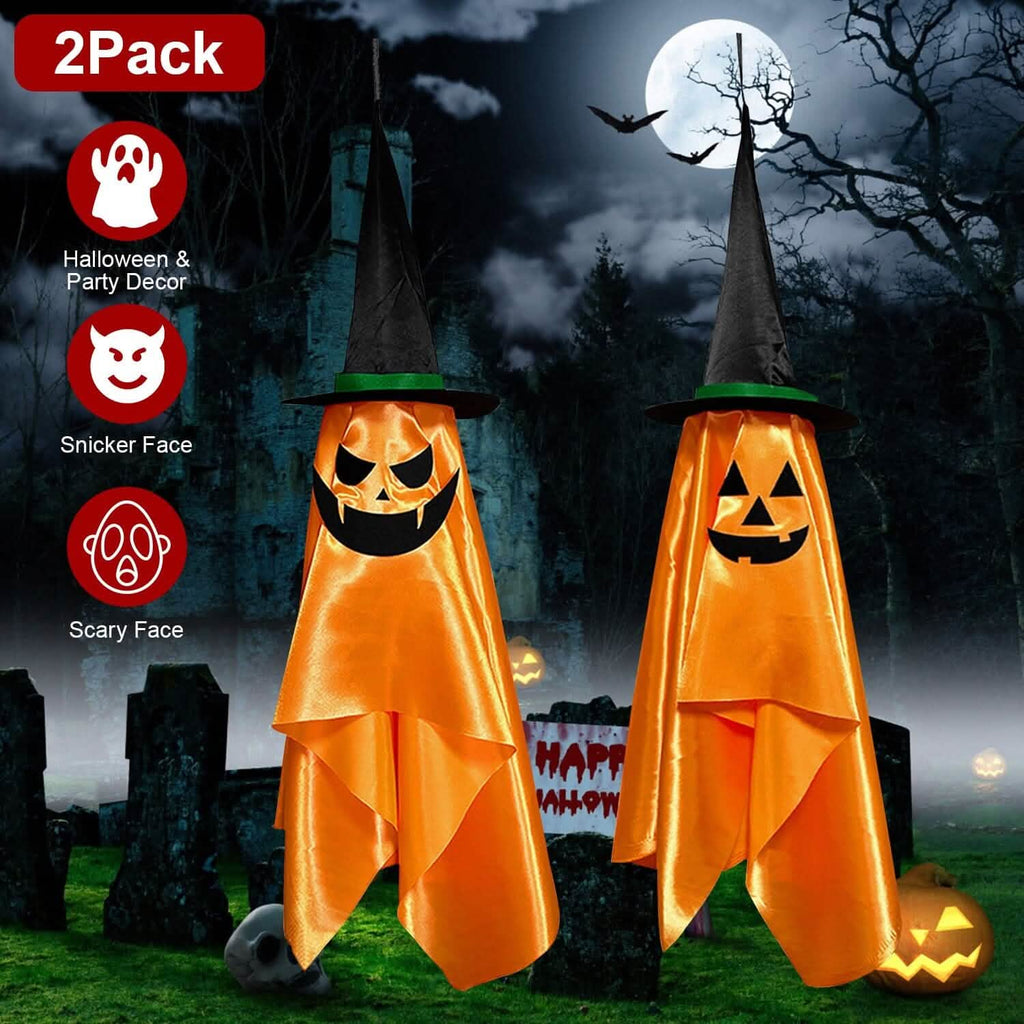 2-Pack: Hanging Ghosts with Wizard Hat Snicker Scary Face