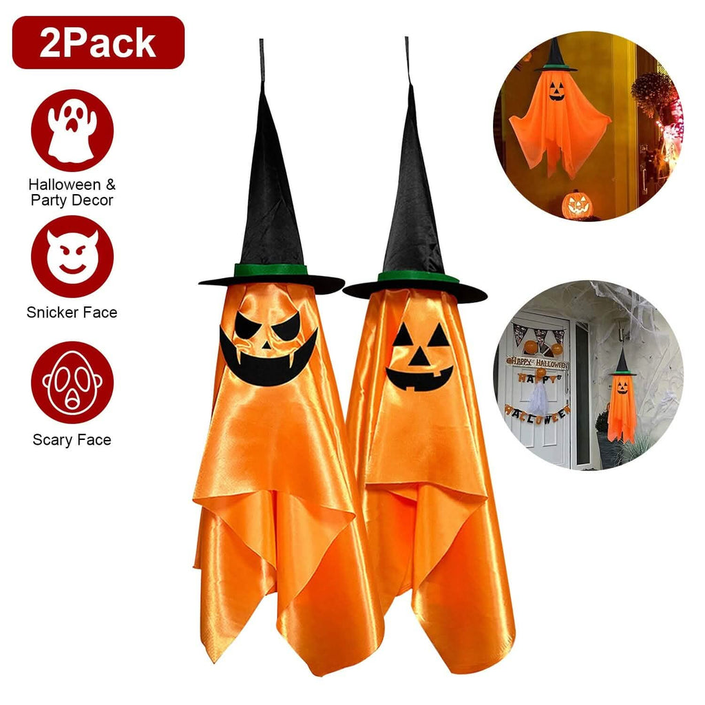 2-Pack: Hanging Ghosts with Wizard Hat Snicker Scary Face