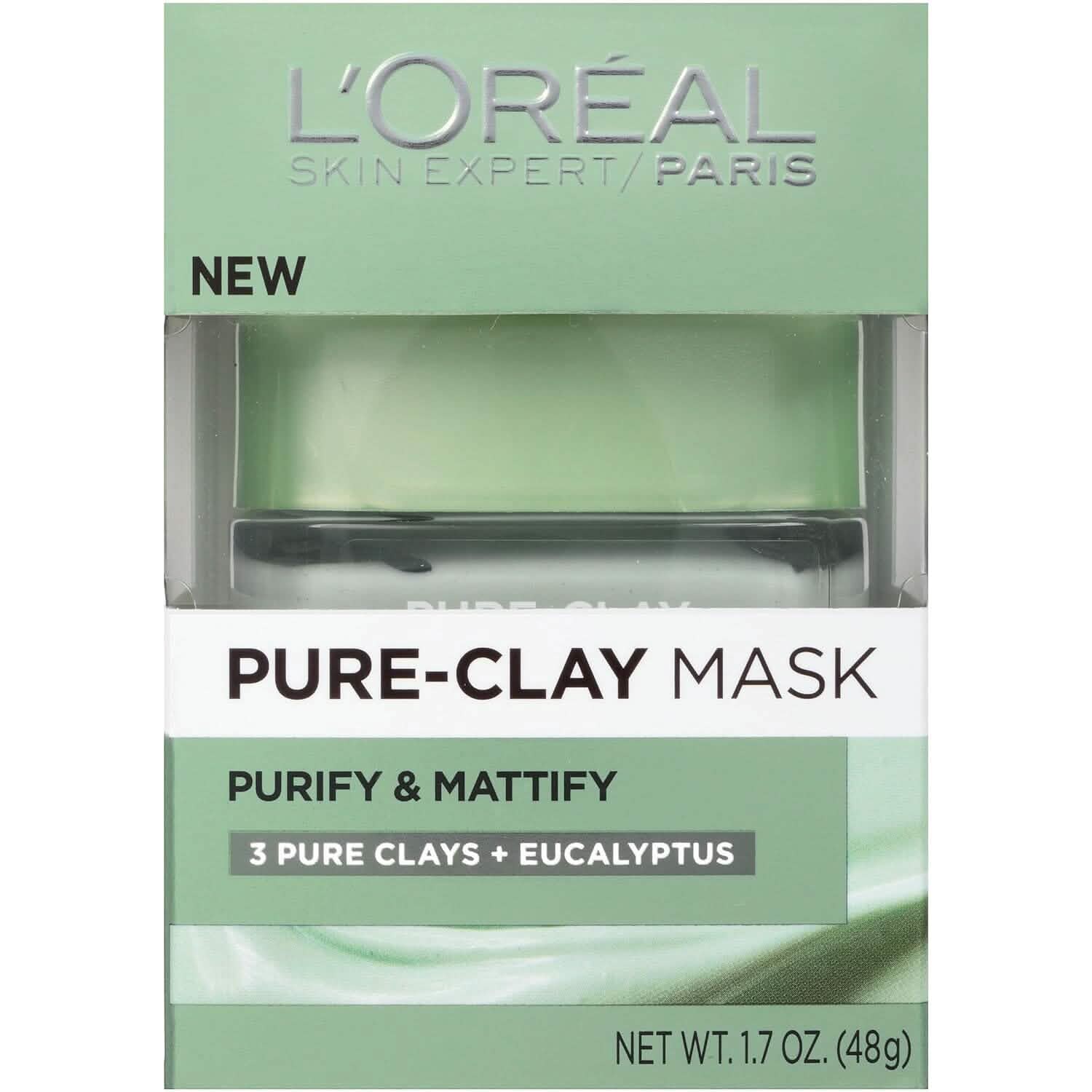 Lot de 2 : Masque Visage à l'Argile Pure L'Oréal Paris à l'Eucalyptus pour Peaux Grasses et Brillantes pour Purifier et Matifier