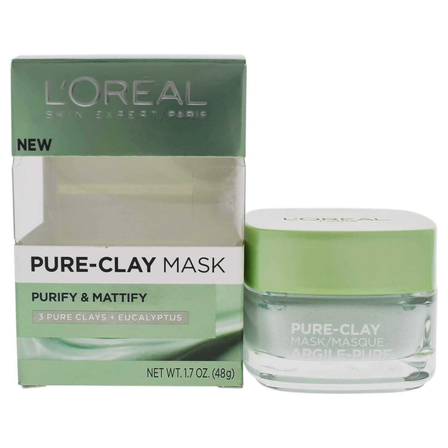 Lot de 2 : Masque Visage à l'Argile Pure L'Oréal Paris à l'Eucalyptus pour Peaux Grasses et Brillantes pour Purifier et Matifier