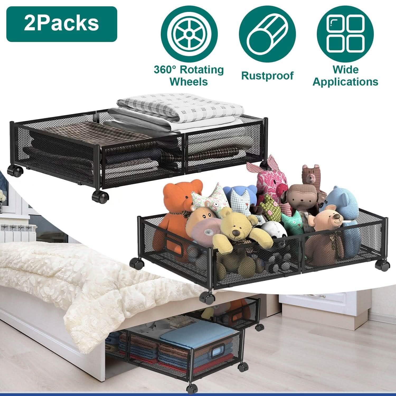 2-Pack: Under Bed Storage Container Foldable Rolling Storage Bin