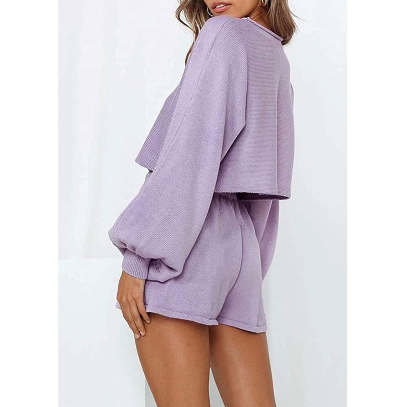 Ensemble 2 pièces : Tenue en maille, haut court à manches bouffantes, short et survêtement en tricot