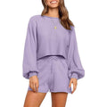 Ensemble 2 pièces : Tenue en maille, haut court à manches bouffantes, short et survêtement en tricot