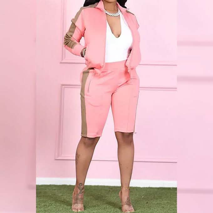 Ensemble 2 pièces : short de sport décontracté en polaire à manches longues et col à revers avec fermeture éclair de couleur assortie