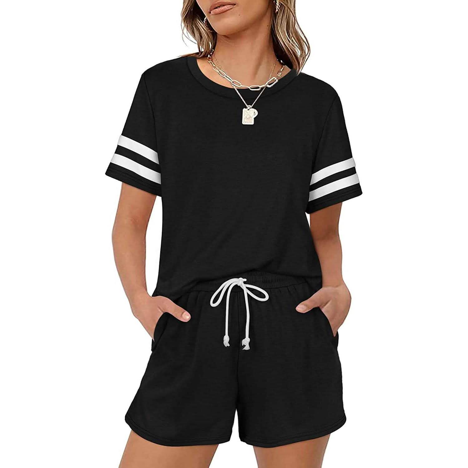 Ensemble 2 pièces : Tenues décontractées pour femmes, shorts, manches courtes, ensemble de survêtement, col rond, coupe ample