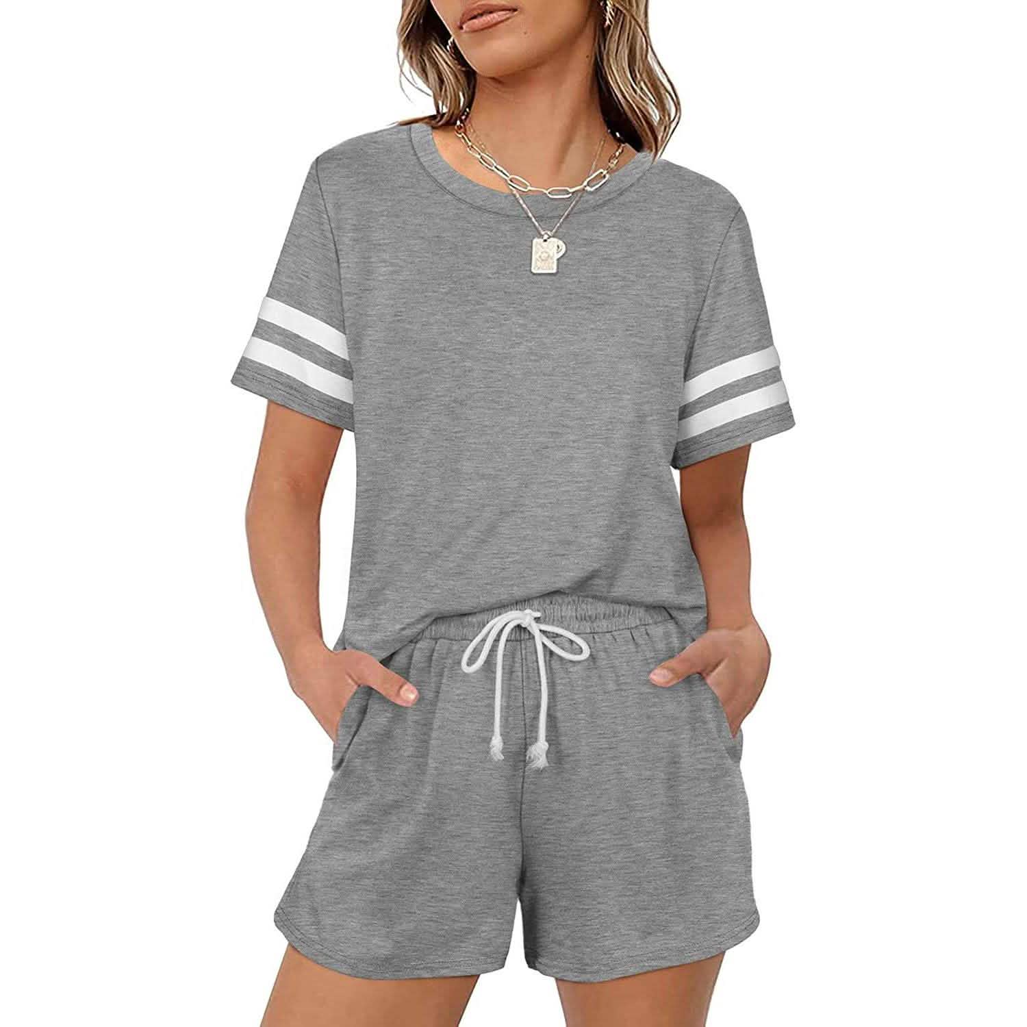 Ensemble 2 pièces : Tenues décontractées pour femmes, shorts, manches courtes, ensemble de survêtement, col rond, coupe ample