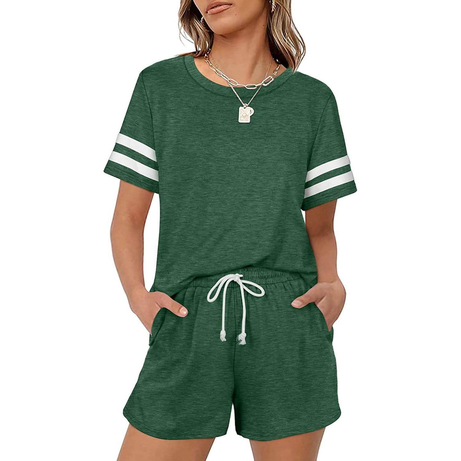 Ensemble 2 pièces : Tenues décontractées pour femmes, shorts, manches courtes, ensemble de survêtement, col rond, coupe ample