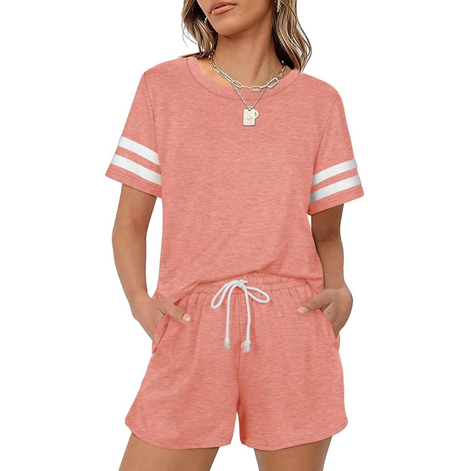 Ensemble 2 pièces : Tenues décontractées pour femmes, shorts, manches courtes, ensemble de survêtement, col rond, coupe ample