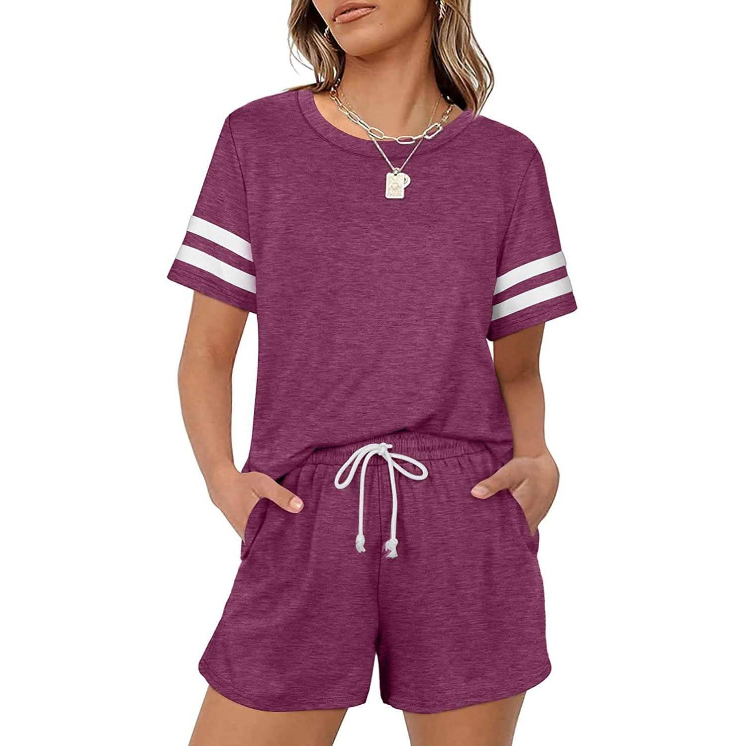 Ensemble 2 pièces : Tenues décontractées pour femmes, shorts, manches courtes, ensemble de survêtement, col rond, coupe ample