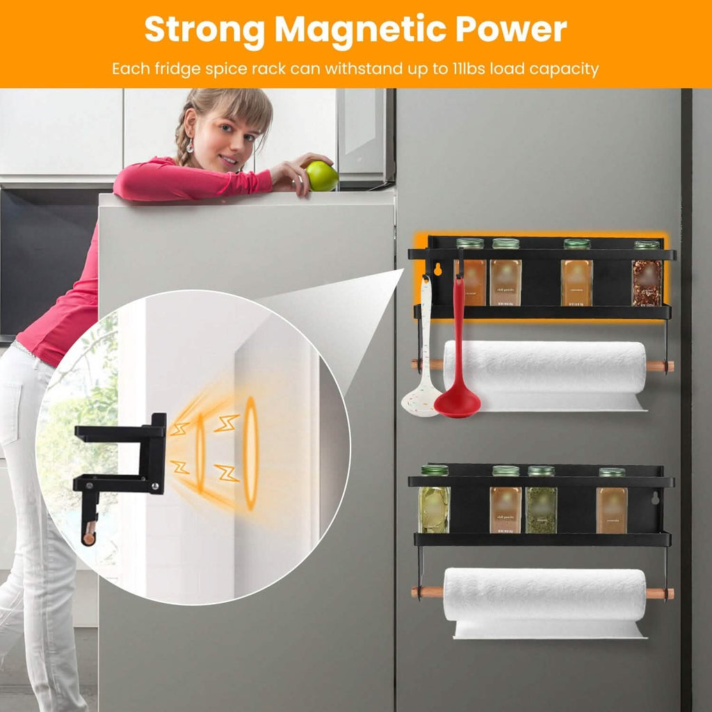 2-Piece: Magnetic Spice Racks for Refrigerator with Paper Towel Holder