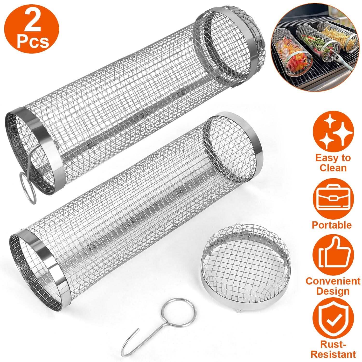 2-Piece: Portable BBQ Rolling Basket Round Stainless Steel Grill