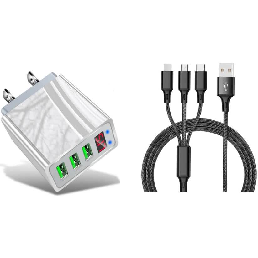 2点セット：3ポートLEDディスプレイ高速壁充電器ホワイト＋3-in-1ケーブルコンボ