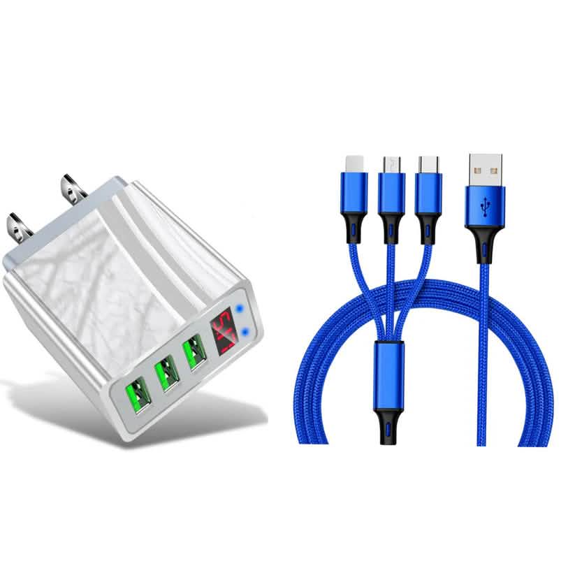 2-Piece Set: 3-Port LED Display High Speed Wall Charger White + 3-in-1 Cable Combo