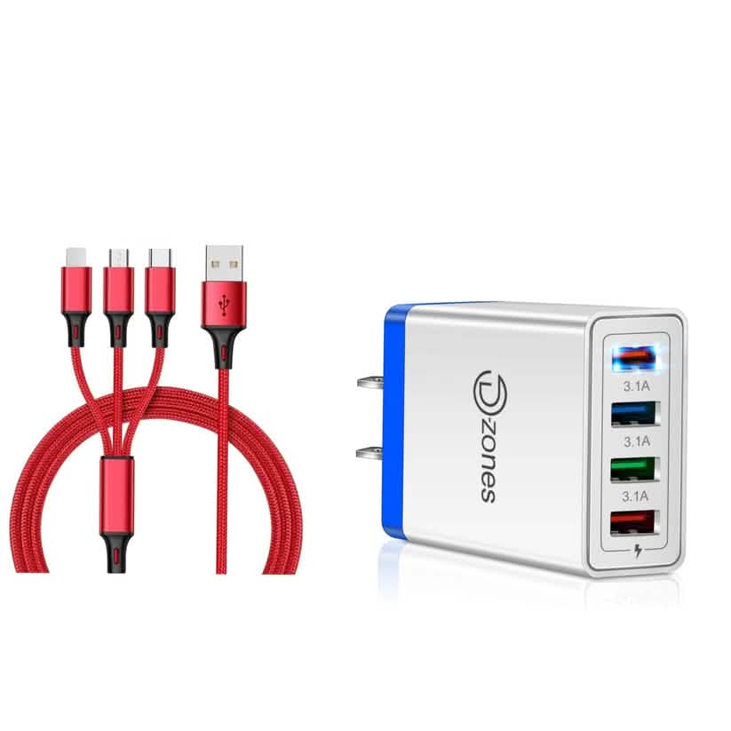 2-Piece Set: 4-Port High Speed Wall Charger + 3-in-1 Cable Combo