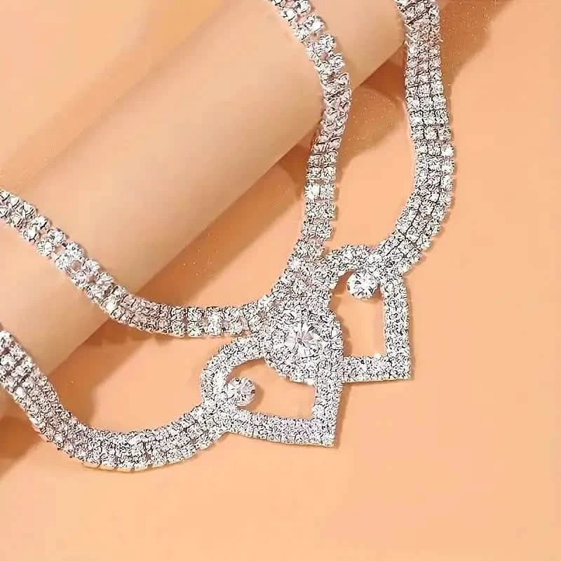 Double Love Heart Rhinestone Chain Anklet Set