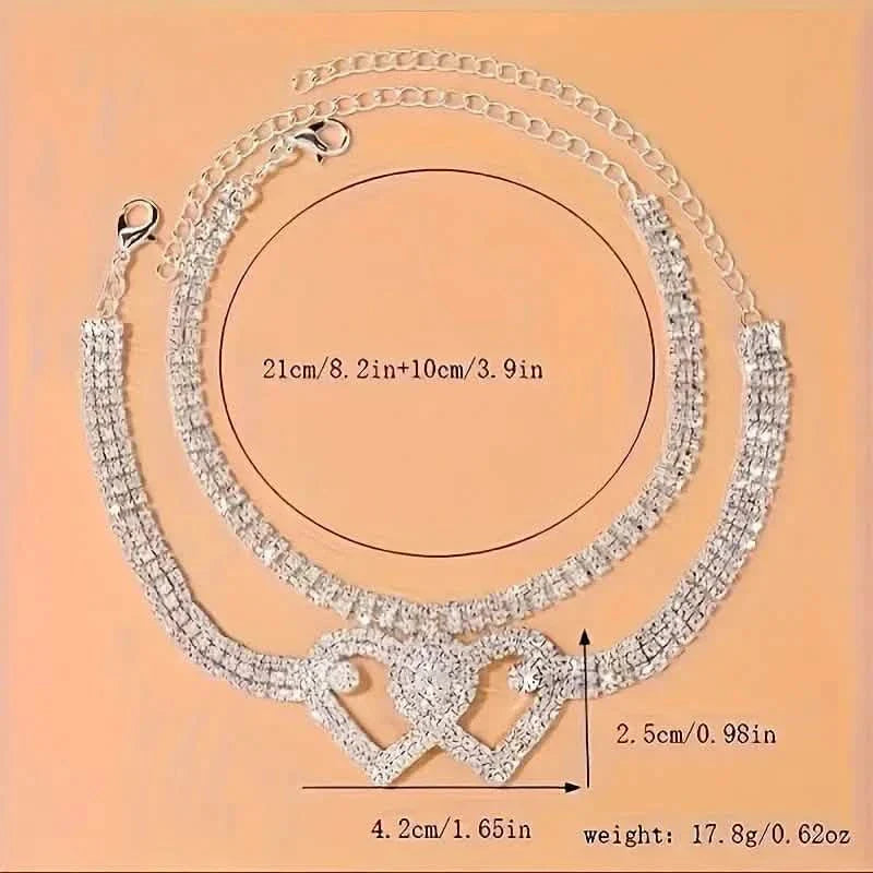 Double Love Heart Rhinestone Chain Anklet Set