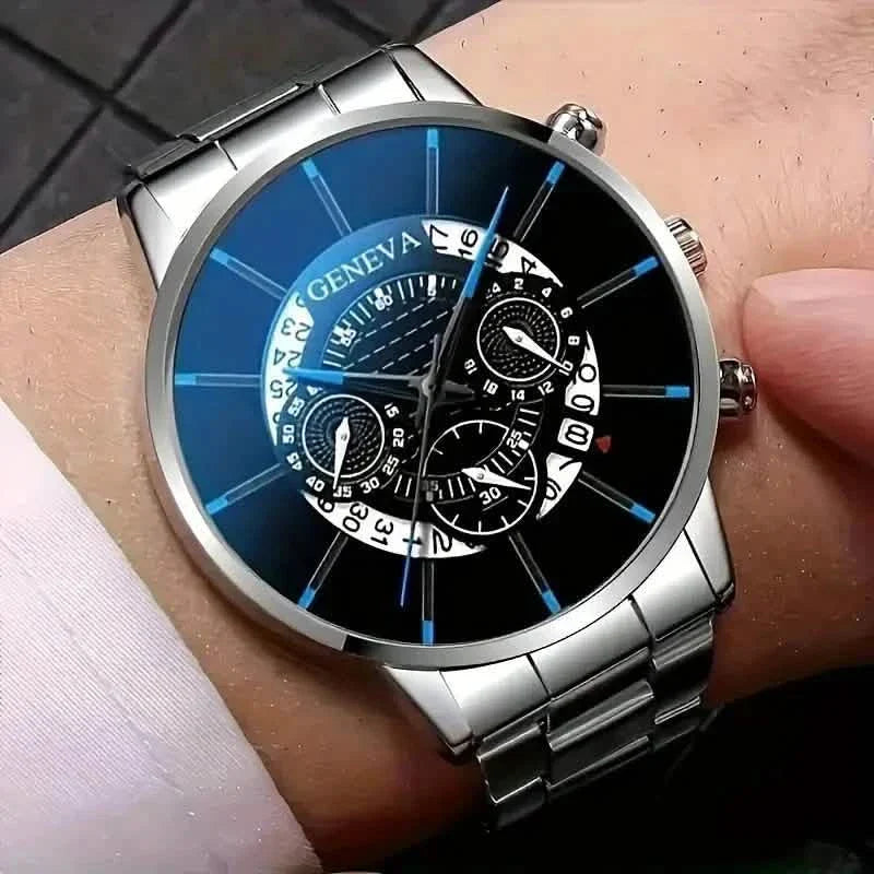 Ensemble 2 pièces : Montres à quartz exquises pour hommes et chaînes de montre élégantes en acier inoxydable