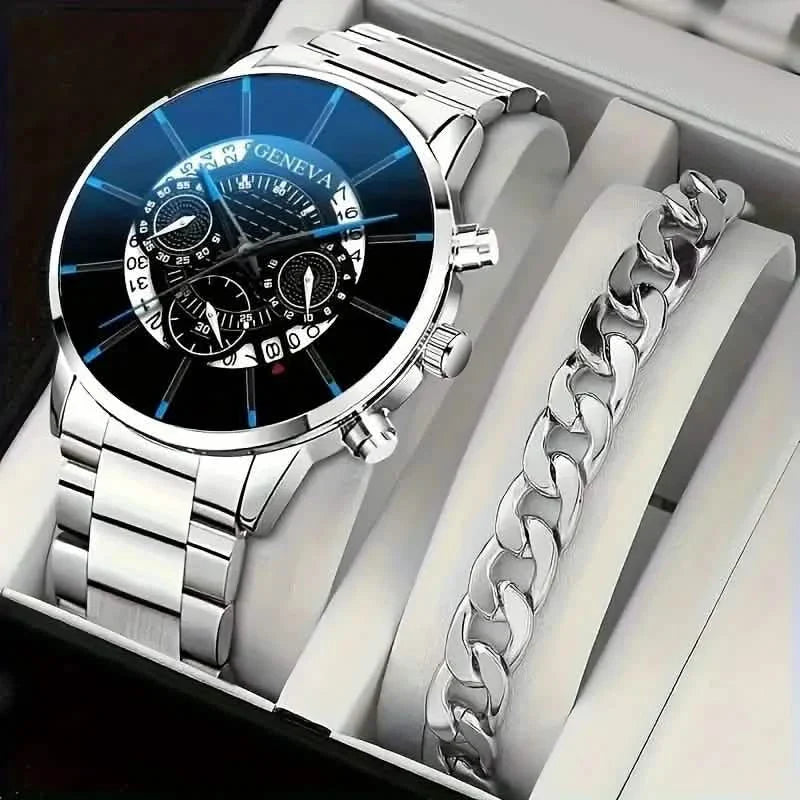 Ensemble 2 pièces : Montres à quartz exquises pour hommes et chaînes de montre élégantes en acier inoxydable