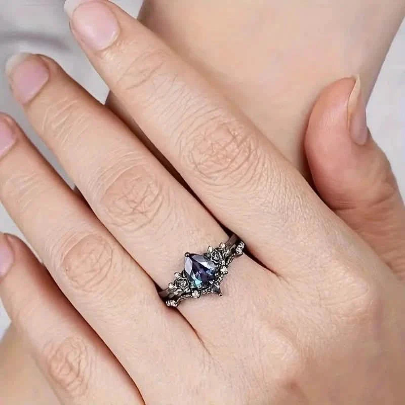 2-Piece Set: Gothic Black & Golden Engagement Ring Set with Pear-Shaped Cubic Zirconia