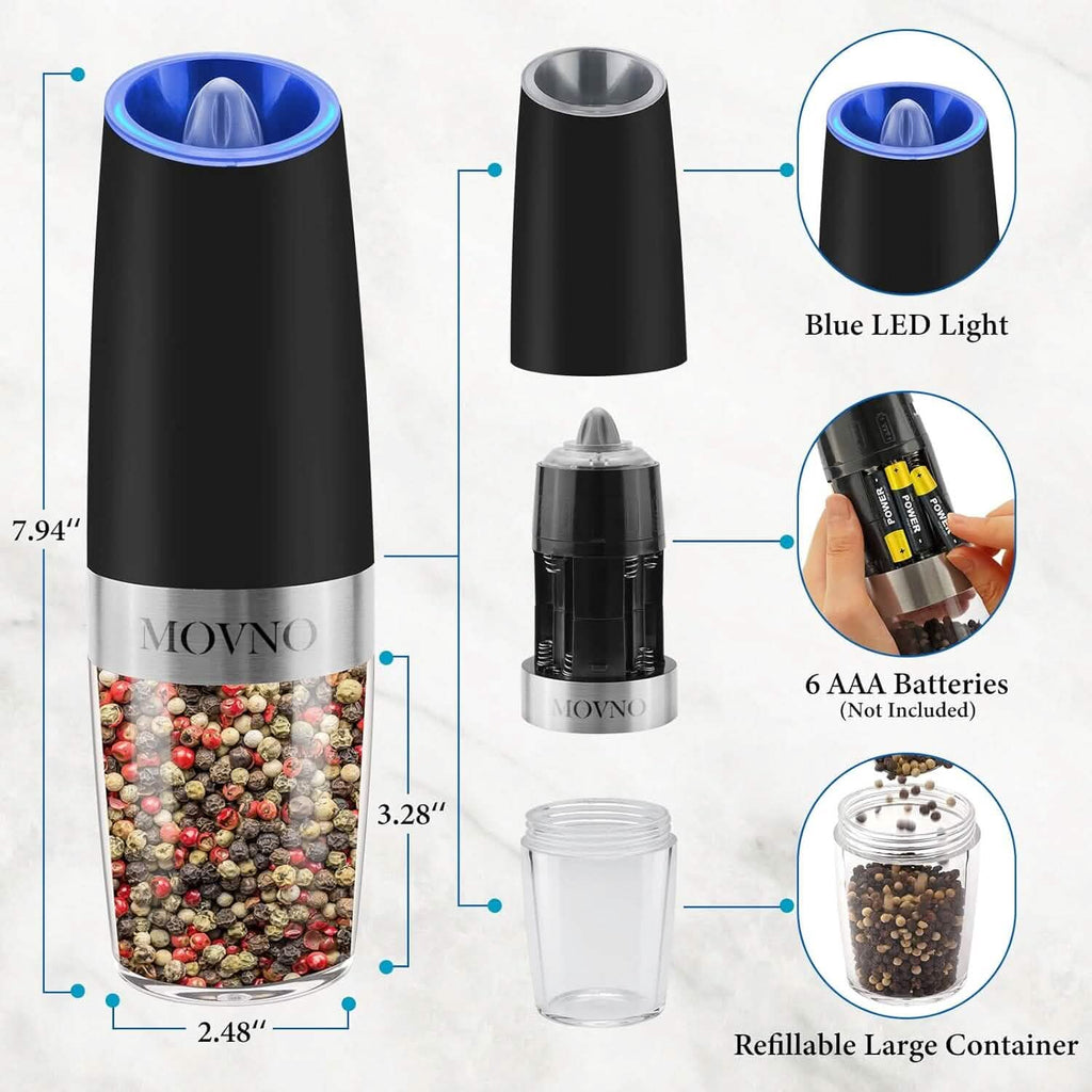 2-Piece Set: Gravity Electric Salt and Pepper Grinder Set, Battery Powered LED Light One Hand Automatic Operation