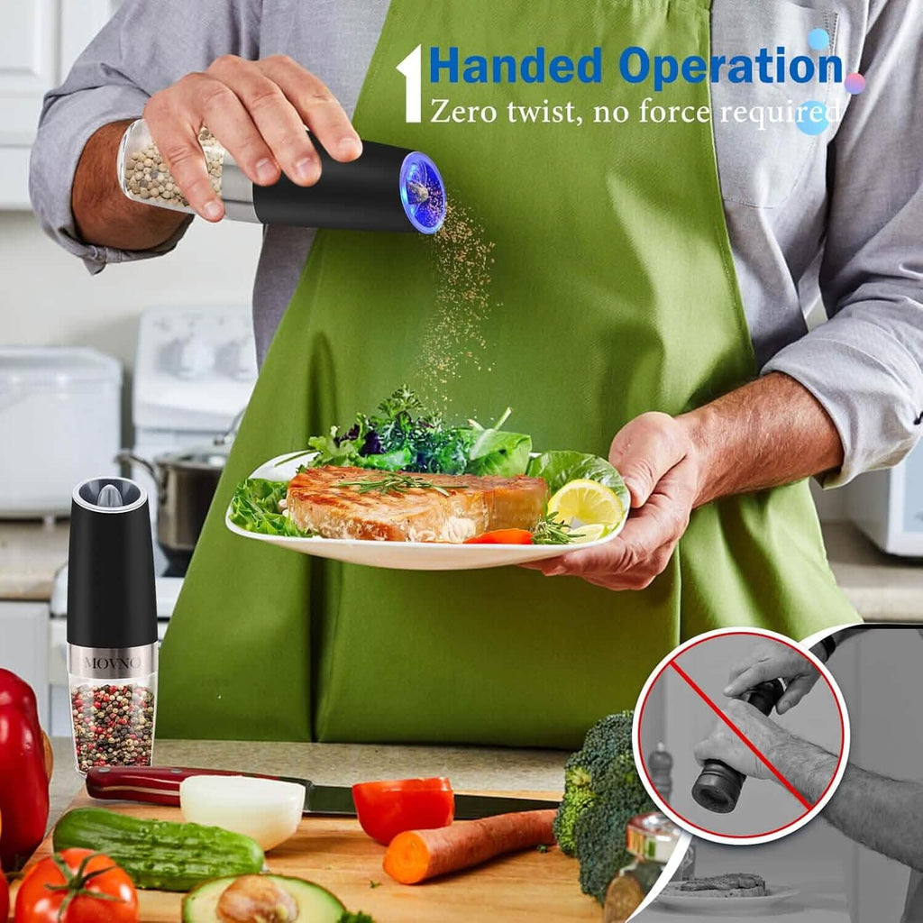 2-Piece Set: Gravity Electric Salt and Pepper Grinder Set, Battery Powered LED Light One Hand Automatic Operation
