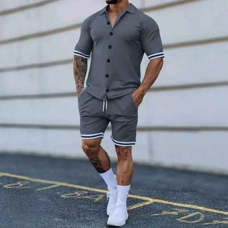 2-Piece Set: Men's Short Sleeve Plain Stripes Lapel