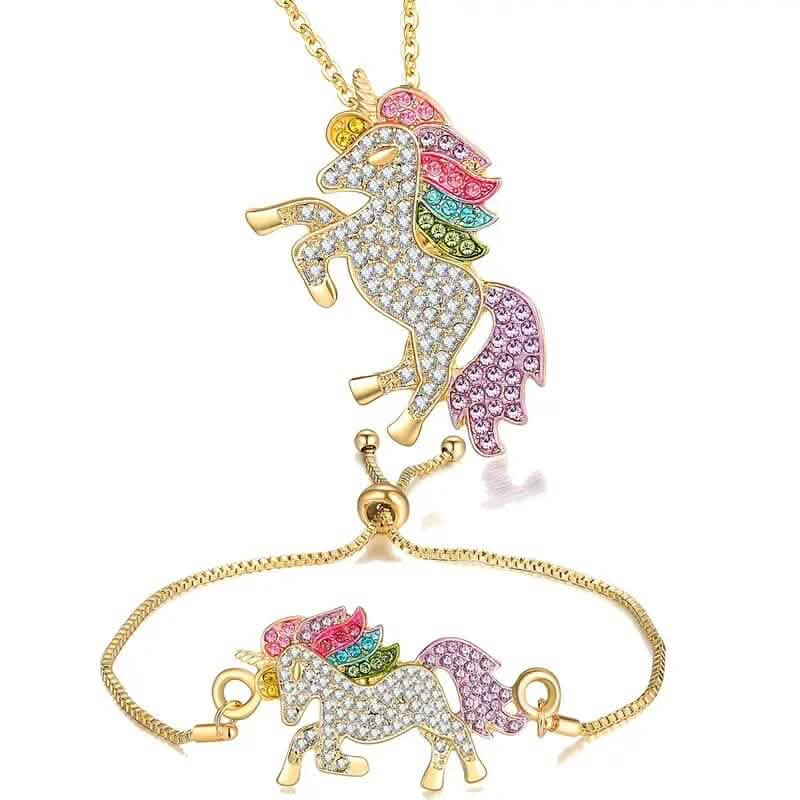 2-Piece Set: Rainbow-Colored Unicorn Necklace and Bracelet