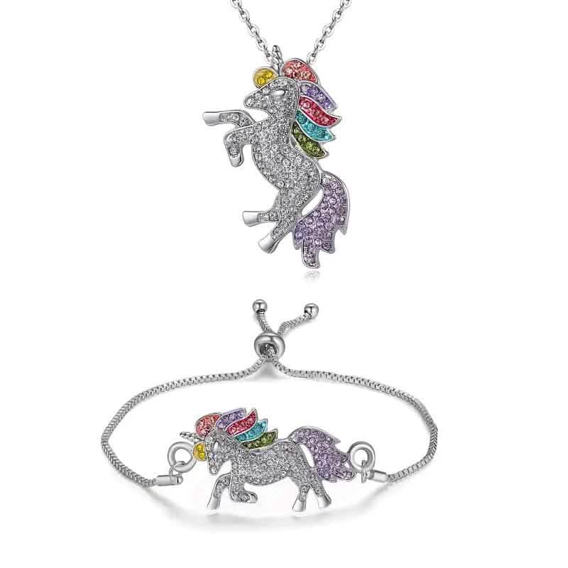 2-Piece Set: Rainbow-Colored Unicorn Necklace and Bracelet