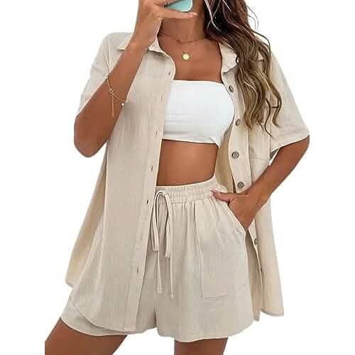 Ensemble 2 pièces : Tenues de survêtement, chemise en coton et lin et mini-short taille haute