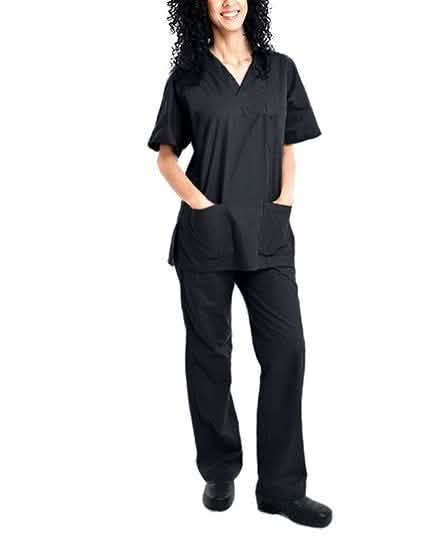 Ensemble 2 pièces : Haut et pantalon de gommage unisexe en coton mélangé à col en V - Tailles assorties