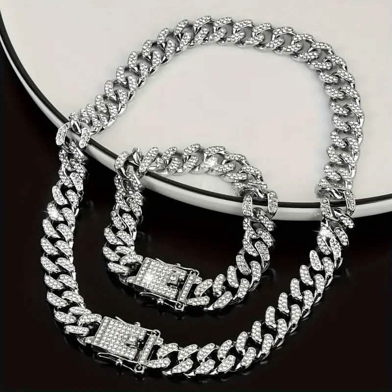 Ensemble 2 pièces : Collier chaîne cubaine hip-hop unisexe et bracelet de 8 po