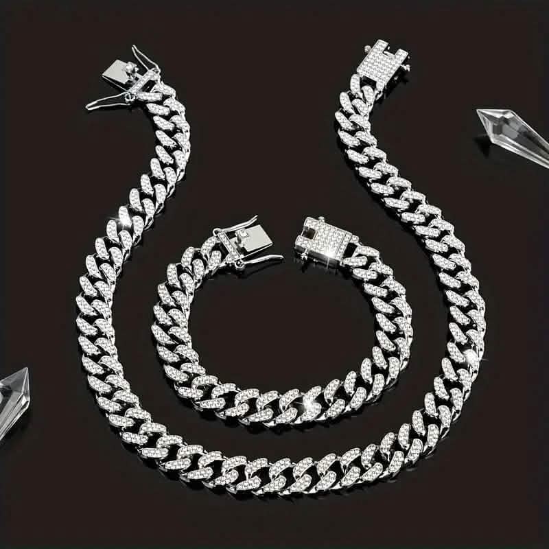 Ensemble 2 pièces : Collier chaîne cubaine hip-hop unisexe et bracelet de 8 po