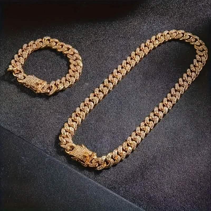 Ensemble 2 pièces : Collier chaîne cubaine hip-hop unisexe et bracelet de 8 po