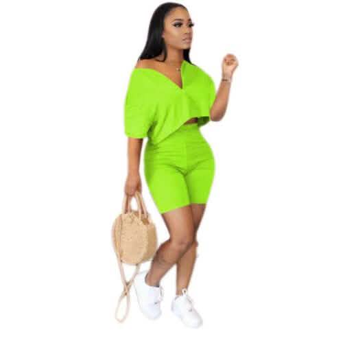 2-Piece Set: Women Solid Color Short Sleeves Zipper Casual Jumpsuit Outfits