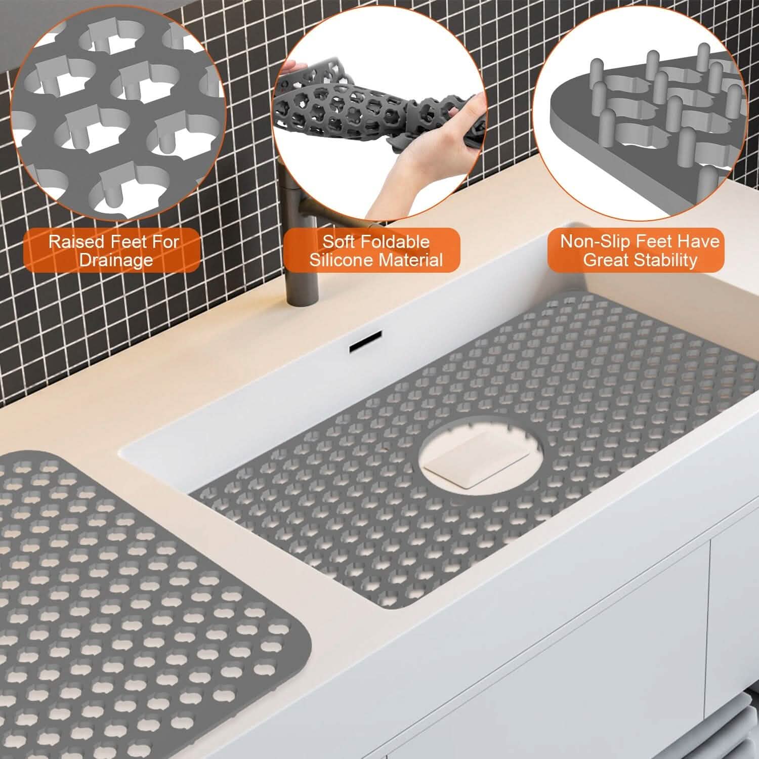 2-Piece: Silicon Grid Sink Mat with Central Drain Hole