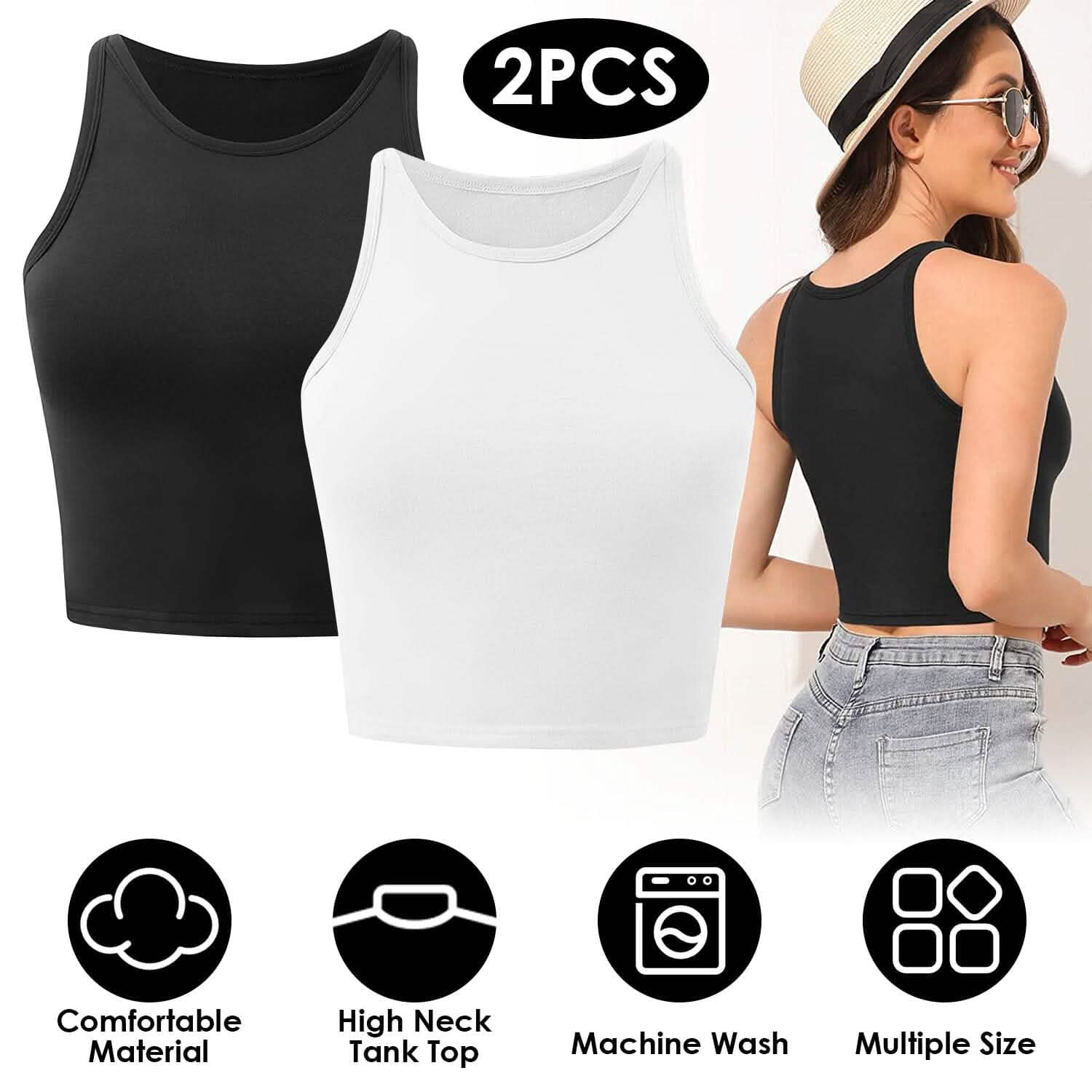 2-Piece: Women Sleeveless Cropped Tank top High Neck