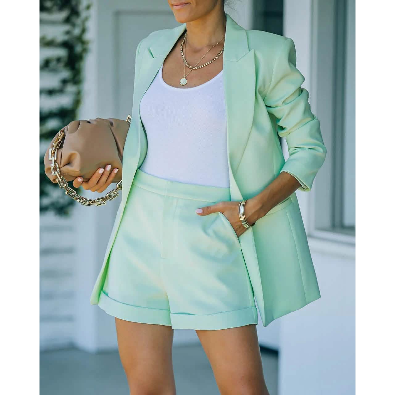 Ensemble 2 pièces : blazer basique à col chemise pour femme
