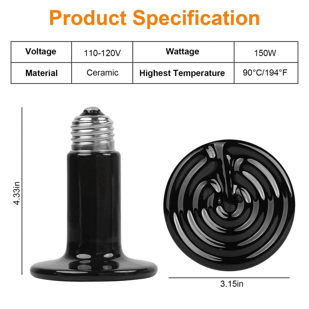 Lot de 2 : Lampe chauffante infrarouge pour reptile 150 W sans émission de lumière