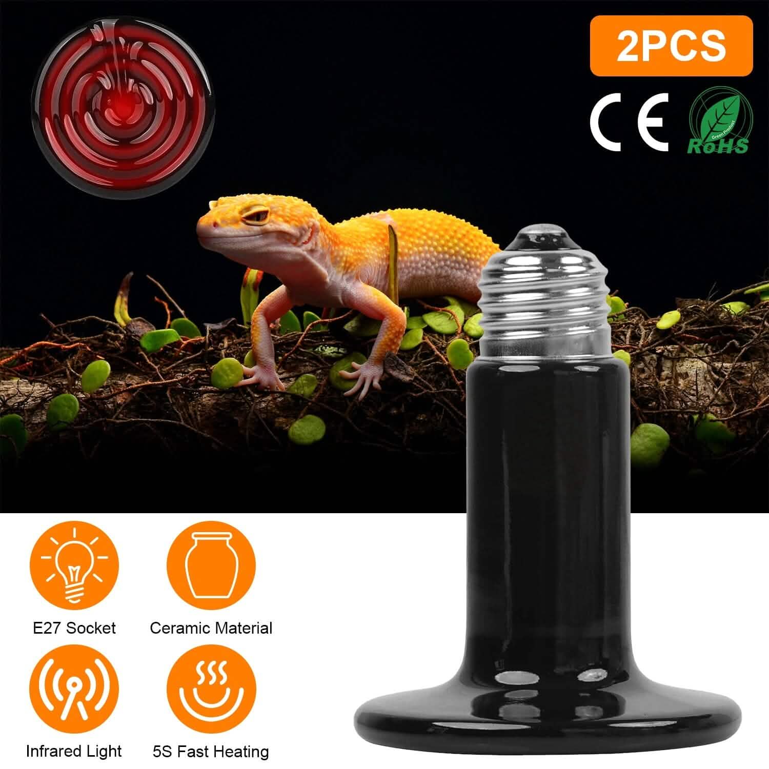 Lot de 2 : Lampe chauffante infrarouge pour reptile 150 W sans émission de lumière