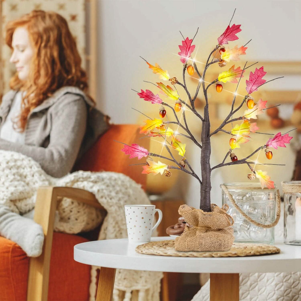 2-Pieces: 2FT Artificial Lighted Maple Tree with 24-Pieces Warm White LED Beads