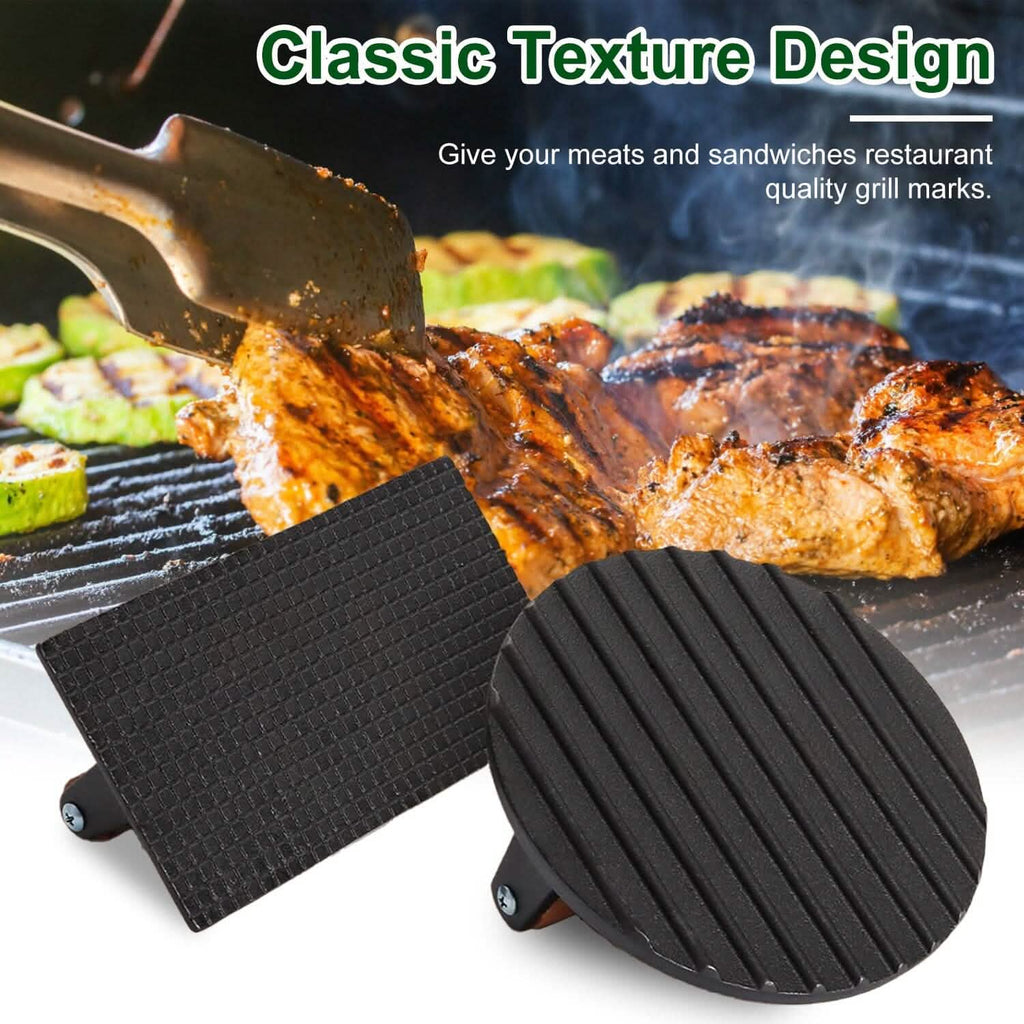 2-Pieces: Cast Iron Grill Press Pre-Seasoned Steak Weights Smash Burger Press