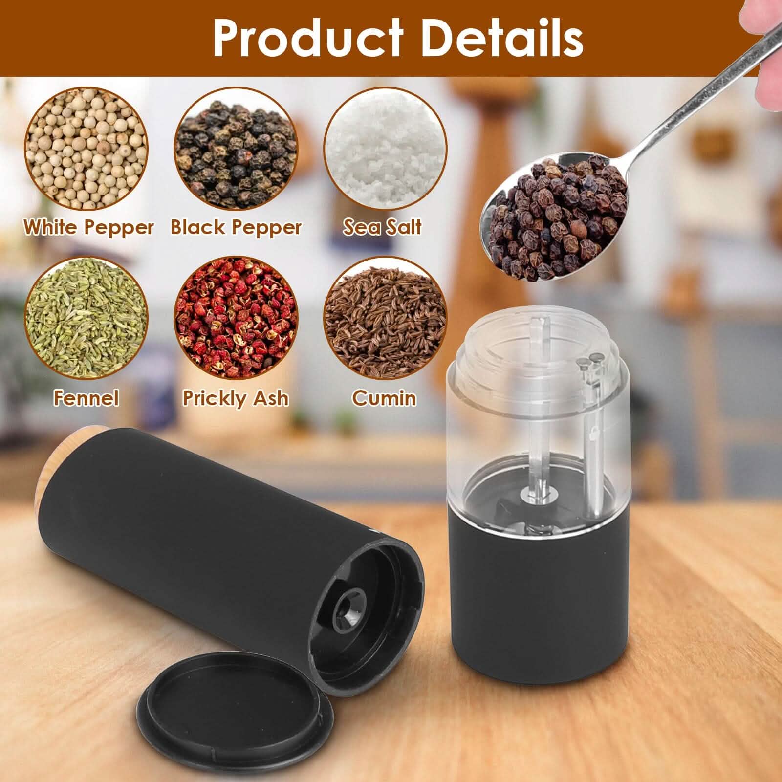 2-Pieces: Electric Salt and Pepper Grinder Battery Powered with Adjustable Coarseness