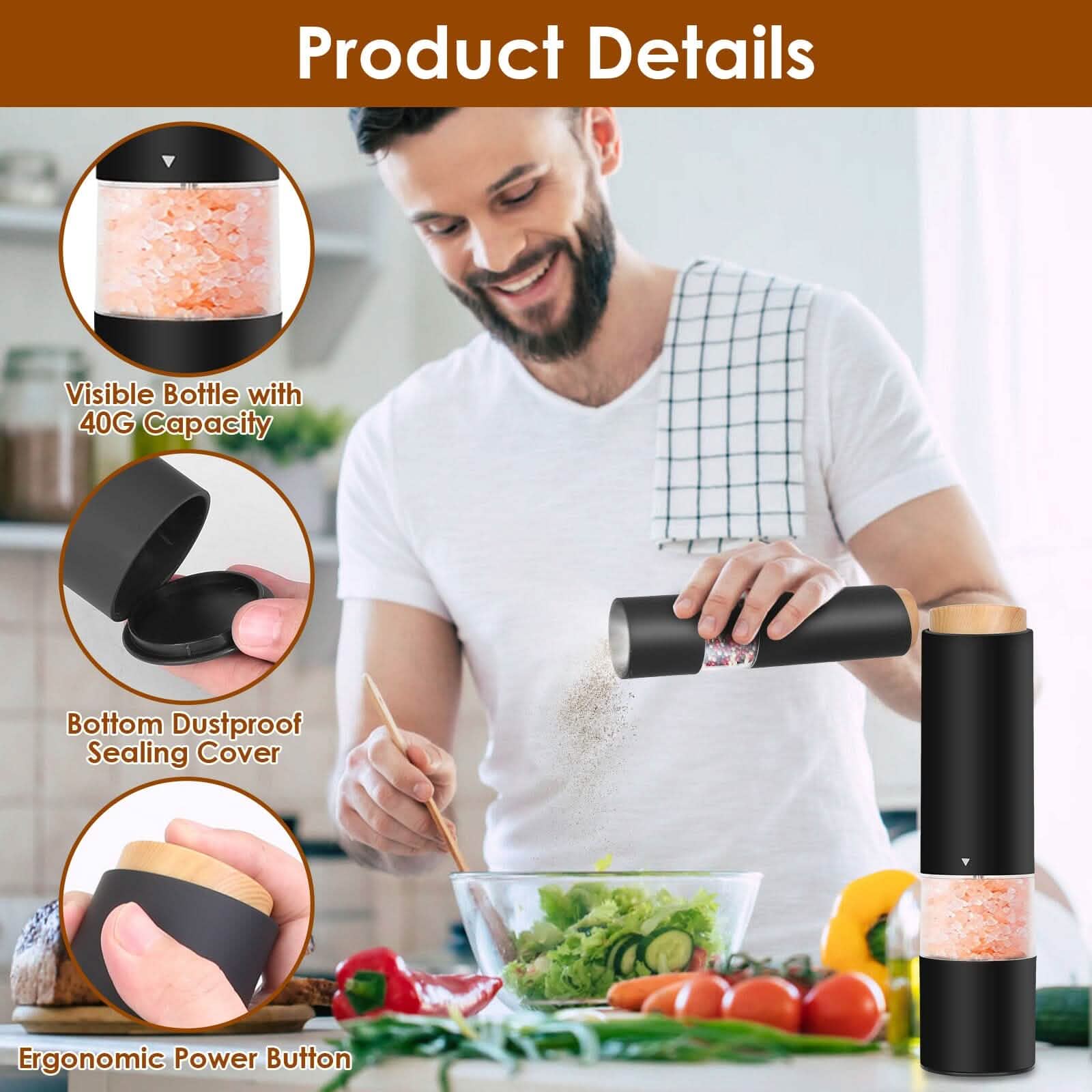 2-Pieces: Electric Salt and Pepper Grinder Battery Powered with Adjustable Coarseness