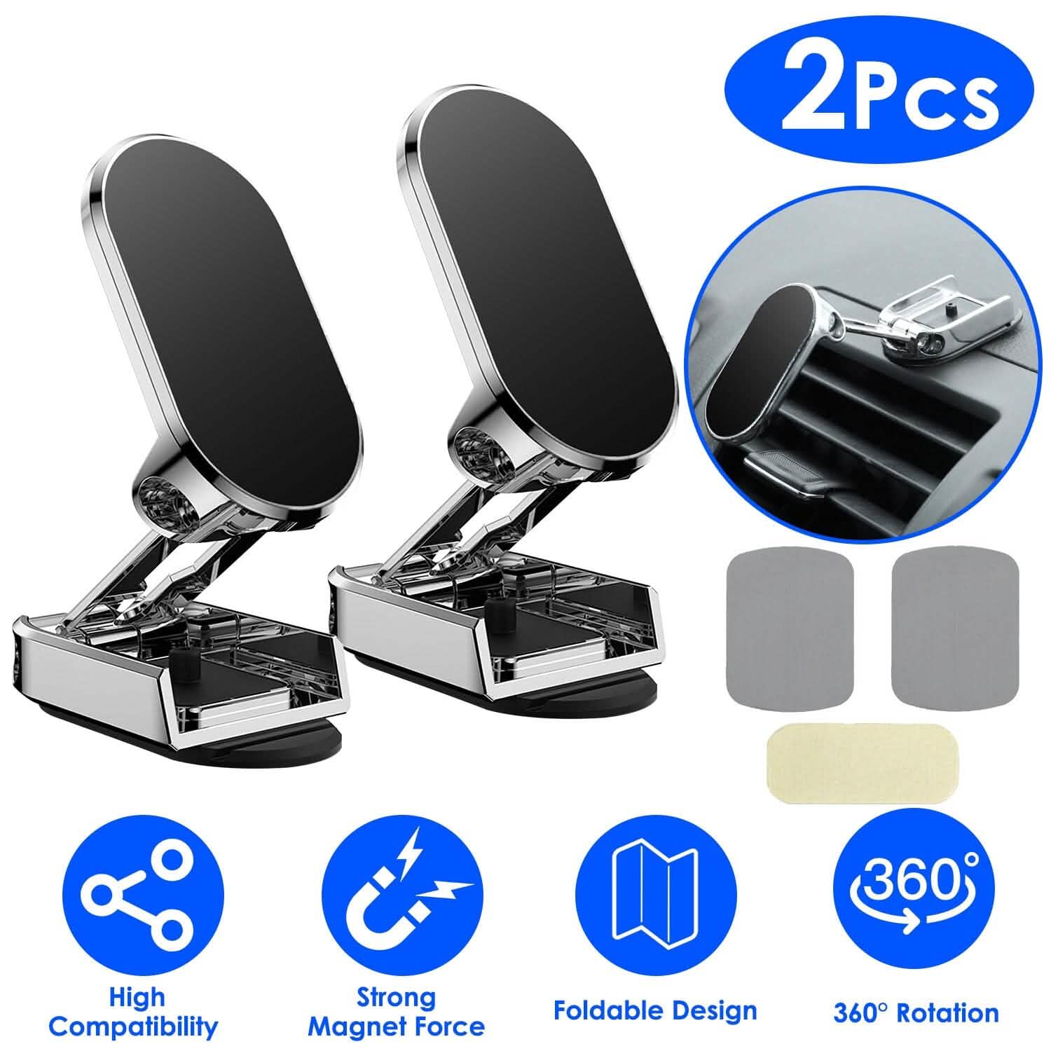 2-Pieces: Foldable Magnetic Car Phone Holder