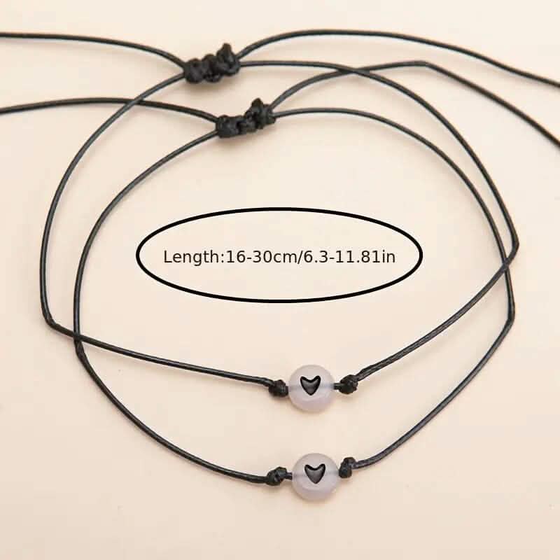 2-Pieces: Luminous Flat Round Shape Beads Braided Bracelet with Heart Shape Pattern